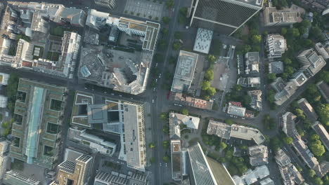 AERIAL:-Overhead-Top-Down-City-From-Above-View-of-Frankfurt-am-Main-Center-Streets-with-Skyscraper-Roof-in-Summer-light