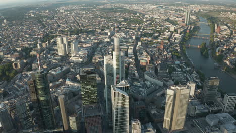 AERIAL:-Wide-Circle-Around-Frankfurt-am-Main-Center-Skyline-in-Beautiful-Summerlight-with-Empty-Streets-due-to-Coronavirus-Covid-19-Pandemic