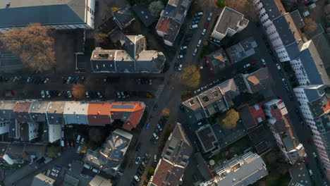 Aerial-birds-eye-overhead-top-down-view-of-streets-in-Bornheim-neighbourhood.-Slowly-zooming-out.-Frankfurt-am-Main,-Germany