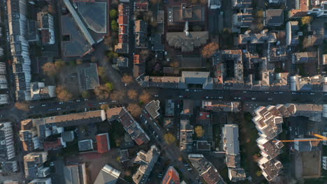 Aerial-birds-eye-overhead-top-down-view-of-Bornheim-neighbourhood.-Houses-and-streets-from-above.-Vertical-panning.-Frankfurt-am-Main,-Germany