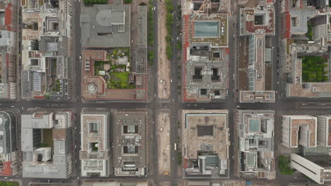 Empty-European-City-Street-in-Berlin-Central-during-Coronavirus-COVID-19-Pandemic-2020,-Aerial-Birds-Eye-Overhead-Top-Down-View