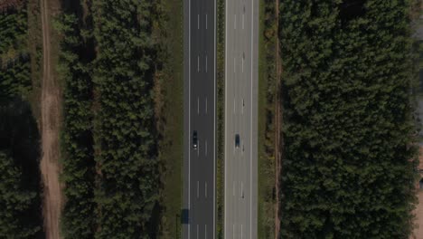 Birds-Eye-Overhead-Top-Down-Aerial-of-Autobahn-highway-in-Germany-with-little-car-traffic,-Drone-Top-View