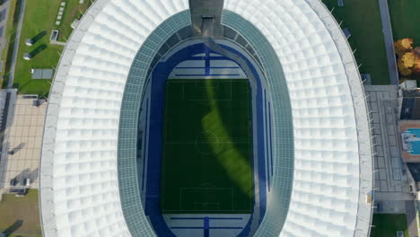 Empty-Sports-Stadium-with-No-People-during-Coronavirus-Covid-19-Pandemic,-Aerial-Wide-Birds-Eye-Overhead-Top-Down-View-in-Berlin,-Germany,-October-2020