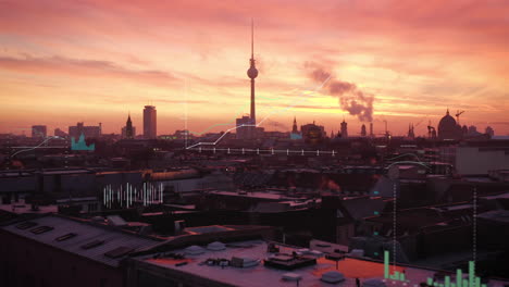 Forwards-fly-above-evening-city.-Berlin-city-centre-panorama-with-Fernsehturm.-Added-computer-graphics-with-charts-and-financial-figures