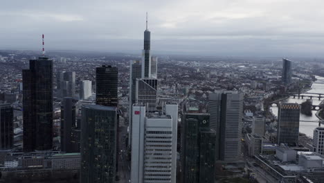 Aerial-panoramic-shot-of-group-of-skyscrapers-towering-above-city.-Tall-modern-office-buildings.-Frankfurt-am-Main,-Germany