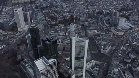 Orbit-shot-around-top-of-Commerzbank-Tower.-High-angle-view-of-group-of-tall-business-buildings-and-surrounding-urban-borough.-Frankfurt-am-Main,-Germany