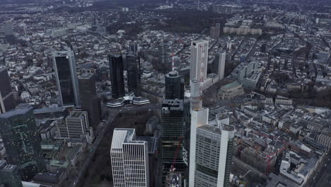 Panning-footage-of-financial-and-business-borough-in-large-city.-Modern-tall-downtown-skyscrapers-from-height.-Frankfurt-am-Main,-Germany
