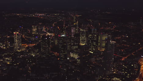 AERIAL:-Over-Frankfurt-am-Main,-germany-Skyline-at-Night,-Big-City,-Lights,-Skyscraper
