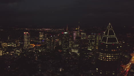 AERIAL:-Over-Frankfurt-am-Main,-germany-Skyline-at-Night,-Big-City,-Lights,-Skyscraper