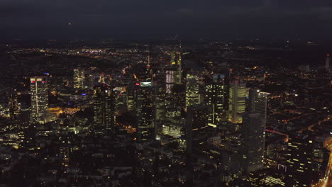 AERIAL:-Frankfurt-am-Main,-germany-Skyline-at-Night,-Big-City,-Lights,-Skyscraper