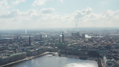 Slow-aerial-slider-view-of-Hamburg-city-center-with-famous-tourist-destinations-and-landmarks-by-the-Binnenalster-lake