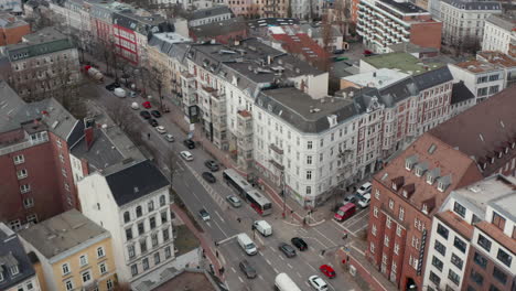 Aerial-view-of-cars-and-trucks-in-busy-city-traffic-lines-in-Hamburg-city-center