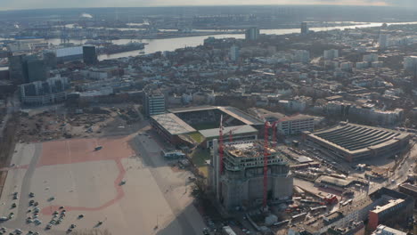 Aerial-view-of-Hamburg-Millerntor-football-stadium,-home-of-FC-St.-Pauli-soccer-team