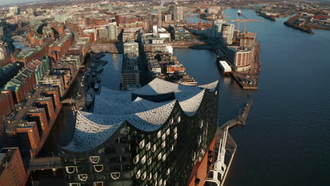 Close-up-aerial-orbit-of-modern-Elbphilharmonie-concert-hall-building-in-Hamburg-city-center