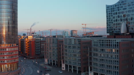 Aerial-view-of-urban-street-in-Hamburg-city-center-during-sunset