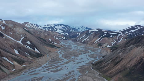 Birds-eye-view-of-the-valley-of-Thorsmork-with-glacier-river-and-snowy-highlands-in-Iceland.-From-above-view-of-Krossa-river-flowing-through-Porsmork-canyon.-Beauty-on-earth.-Valley-Thorsmork