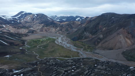 Birds-eye-view-of-amazing-and-spectacular-Thorsmork-glacier-valley-in-Iceland.-Aerial-view-Porsmork-valley-with-lavic-formation-of-Eyjafjallajokull-volcano,-which-erupted-in-2010