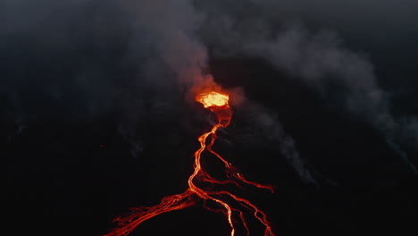 Aerial-view-of-active-volcano-at-night.-Boiling-magma-running-off-from-crater-by-branched-lava-flows.-Fagradalsfjall-volcano.-Iceland,-2021
