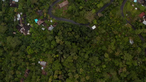 Blick-Von-Oben-Nach-Unten-Auf-Tropische-Häuser,-Die-Im-Dichten-Regenwald-Auf-Bali-Versteckt-Sind.-Overhead-Luftbild-Von-Kleinen-Ländlichen-Häusern-Im-Tropischen-Dschungel