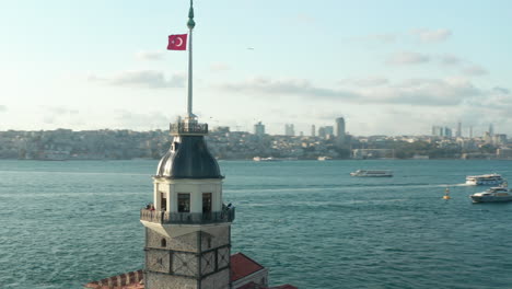 Maiden&#39;s-Tower-Errichtungsschuss-Mitten-Im-Wasser-Des-Bosporus-In-Istanbul-Mit-Wehender-Türkei-Flagge-An-Der-Spitze