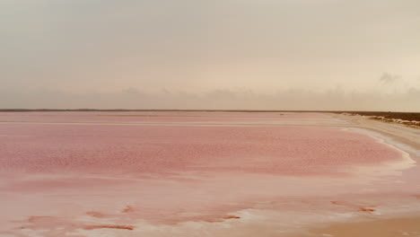 Forwards-fly-above-system-of-ponds-for-salt-extraction.-Uncommon-pink-color-of-water-due-to-micro-organisms-living-in-lakes.-Las-Coloradas,-Yucatan,-Mexico