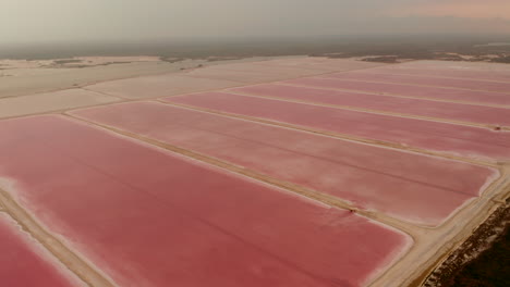 Aerial-footage-of-system-of-ponds-for-sea-salt-extraction.-Pink-colour-of-rectangular-industrial-lakes.-Las-Coloradas,-Yucatan,-Mexico