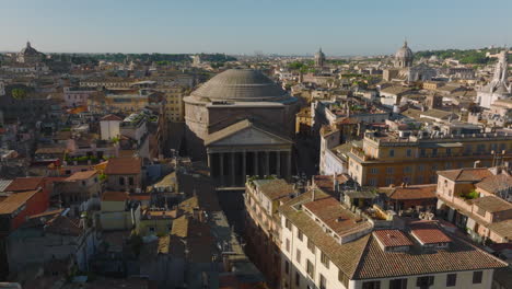 Slide-and-pan-footage-of-ancient-roman-temple.-Aerial-view-of-Pantheon,-famous-tourist-landmark.-Rome,-Italy