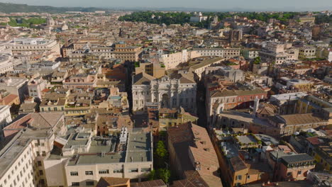 Aerial-panoramic-view-of-buildings-and-landmarks-in-historic-city-centre.-Fly-above-narrow-streets-and-old-houses.-Rome,-Italy