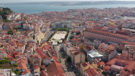Aerial-view-of-downtown.-Wide-panoramic-view-of-town-with-Central-Lisbon-University-Hospital-Centre-building-complex-and-Martim-Moniz-square-from-drone.-Lisbon,-capital-of-Portugal.