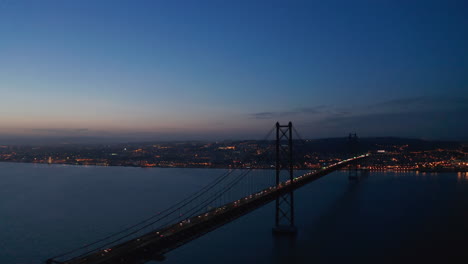 Night-aerial-view-of-25th-of-April-Bridge-connecting-Lisbon-and-Almada.-Car-headlights-on-cable-stayed-highway-bridge-over-Tegus-river.-Drone-flying-forwards.-Lisbon,-capital-of-Portugal.