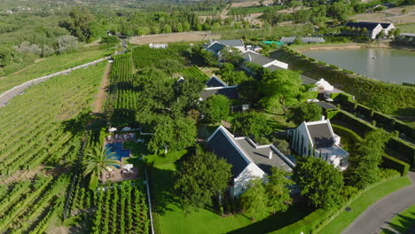Backwards-reveal-of-buildings-and-vineyards-in-countryside.-Lush-green-vegetation-in-bright-morning-sun.-South-Africa