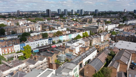Rising-shot-of-urban-buildings.-Residential-district-of-large-city.-Group-of-tall-apartment-houses-in-background.-London,-UK