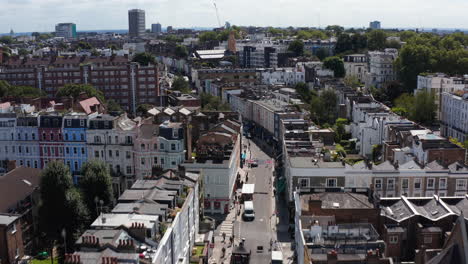Ascending-footage-of-street-in-urban-neighbourhood.-Revealing-various-residential-buildings-in-town.-London,-UK