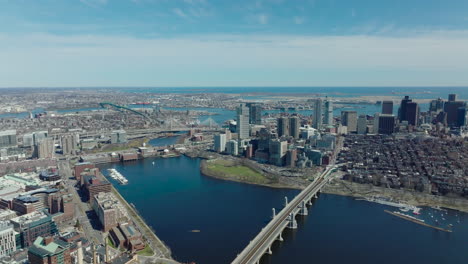 Cinematic-aerial-shot-of-city-surrounded-by-water.-Panorama-curve-footage-of-metropolis-with-on-river-banks.-Boston,-USA