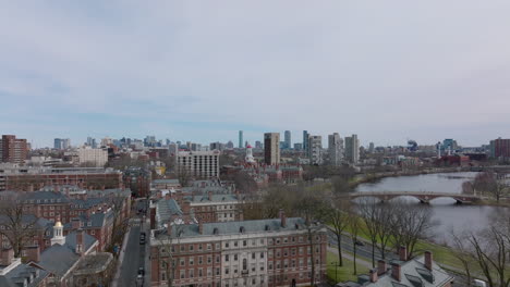 Aerial-view-of-residential-buildings-on-Charles-river-waterfront.-Houses-of-Harvard-University-campus.-Boston,-USA