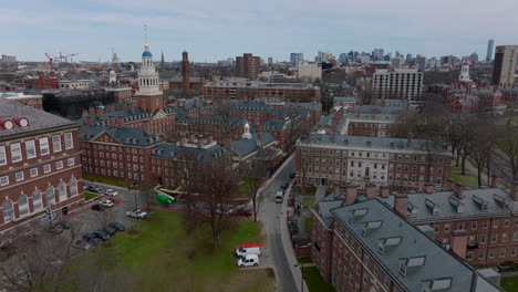 Forwards-fly-above-buildings-with-red-brick-style-facades.-Aerial-view-of-Harvard-University-campus-complex.-Boston,-USA