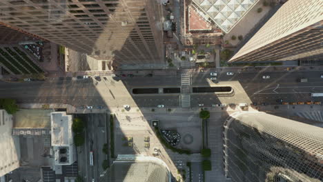 Empty-City-Streets-with-no-traffic-in-Downtown-Los-Angeles-during-Coronavirus-Covid-19-Pandemic-Lockdown,-Aerial-Top-View,-Birds-Eye-Overhead-view