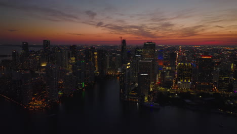 Romantic-footage-of-metropolis-after-sunset.-Illuminated-high-rise-buildings-and-streets-against-colourful-twilight-sky.-Miami,-USA
