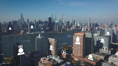 Aerial-descending-footage-of-metropolis.-Augmented-reality-with-animation-of-sending-emails.-Manhattan-skyscrapers-in-background.-New-York-City,-USA